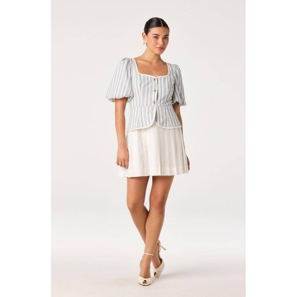 ASTR The Label Brigitta Striped Puff Sleeve Mini Dress Blue White Coastal Preppy